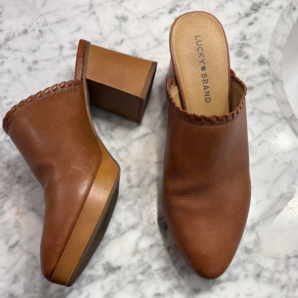 Lucky Brand Tan Leather Braided-Trim Block Heel Mules